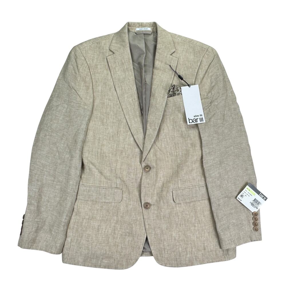 Bar III Mens Slim Fit 100% Linen Solid Suit Jacket Tan 38R